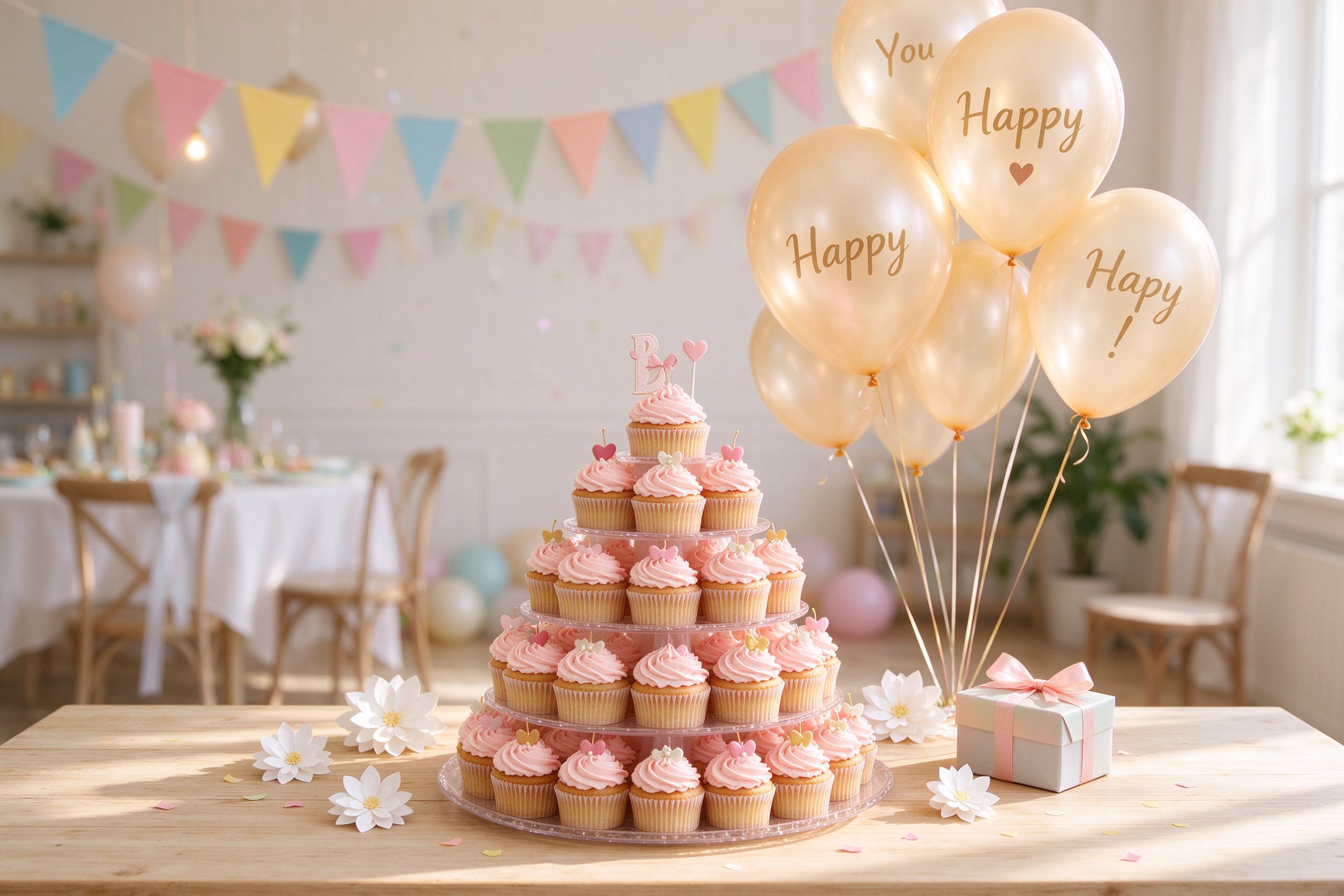 Celebration table with pastel cake and balloons for a new baby