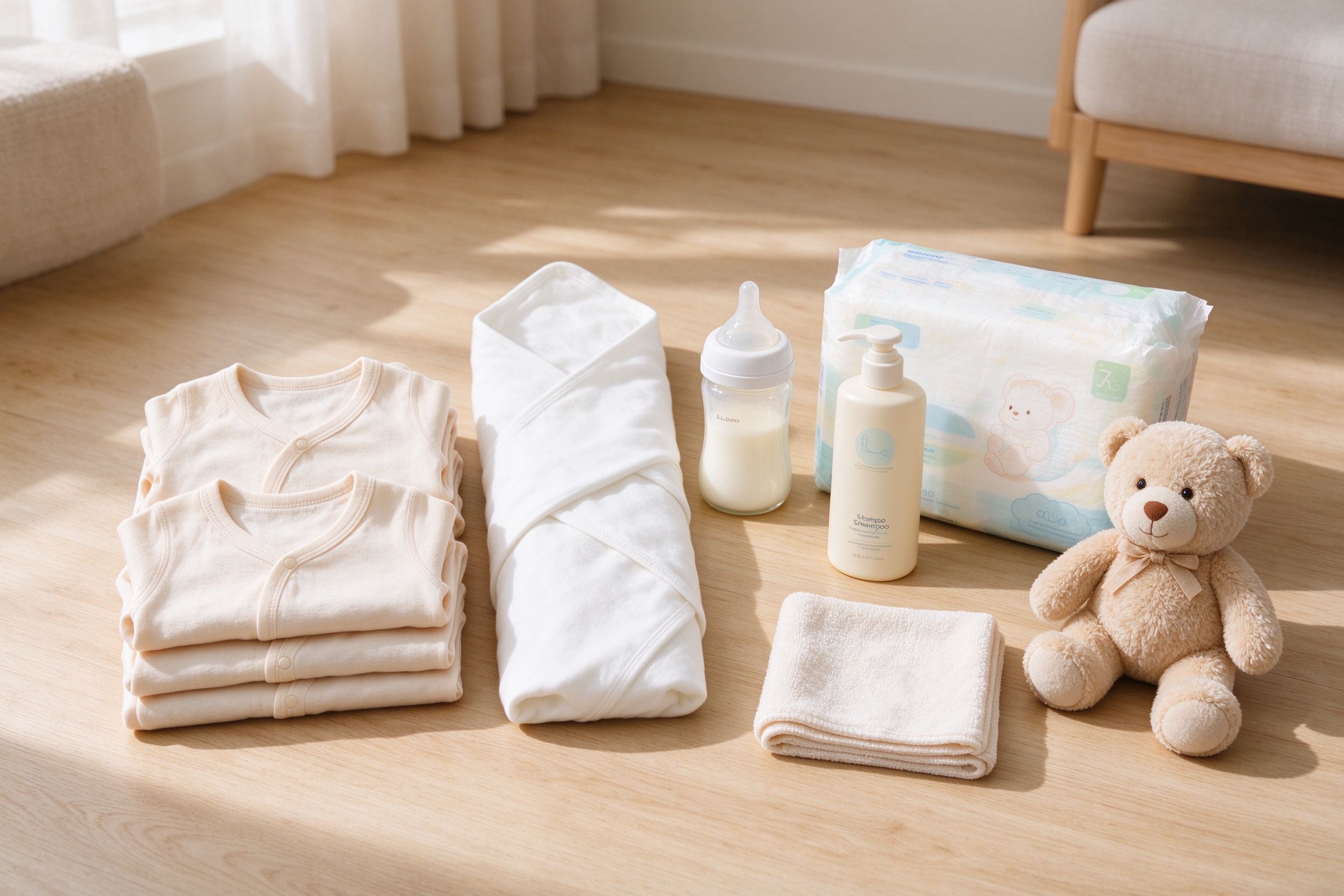 Newborn essentials laid out neatly
