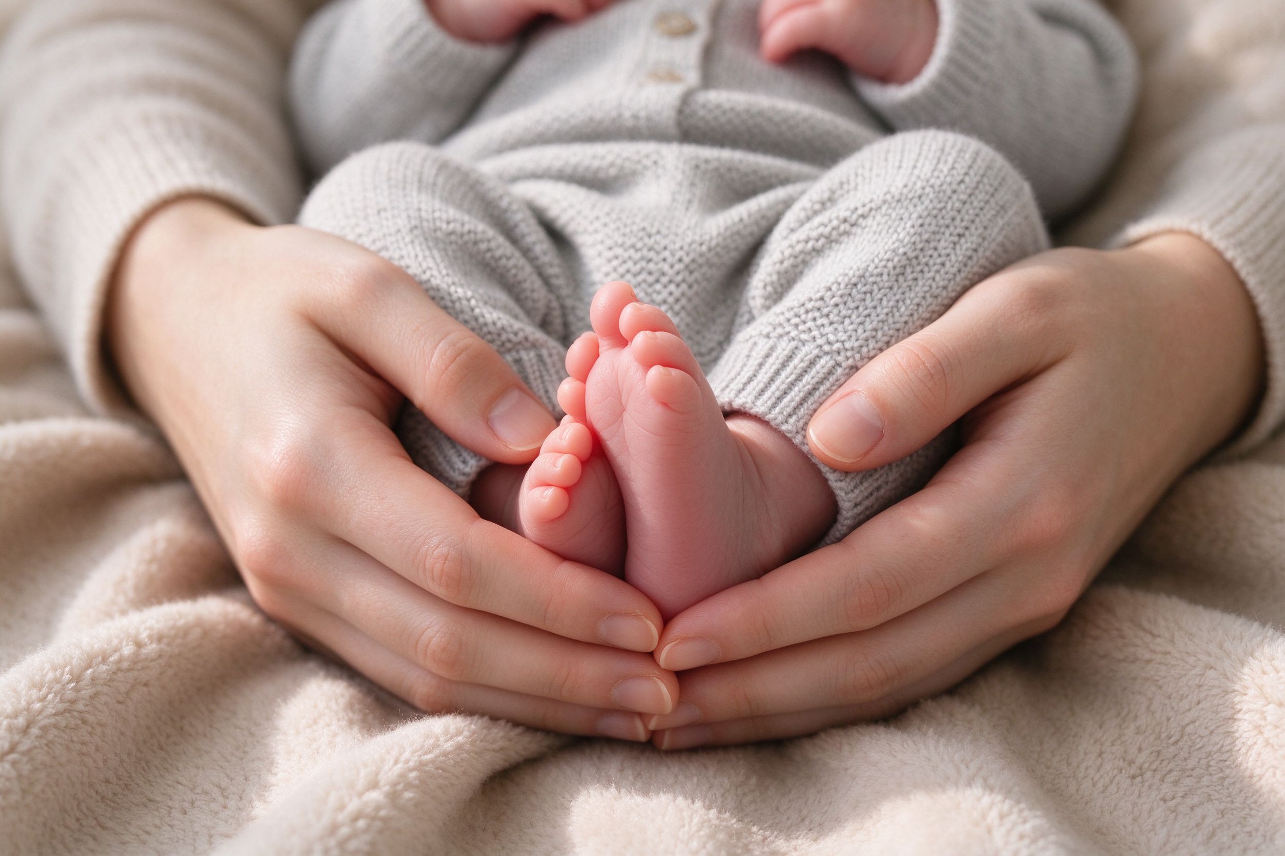 Parents' hands cradling baby feet