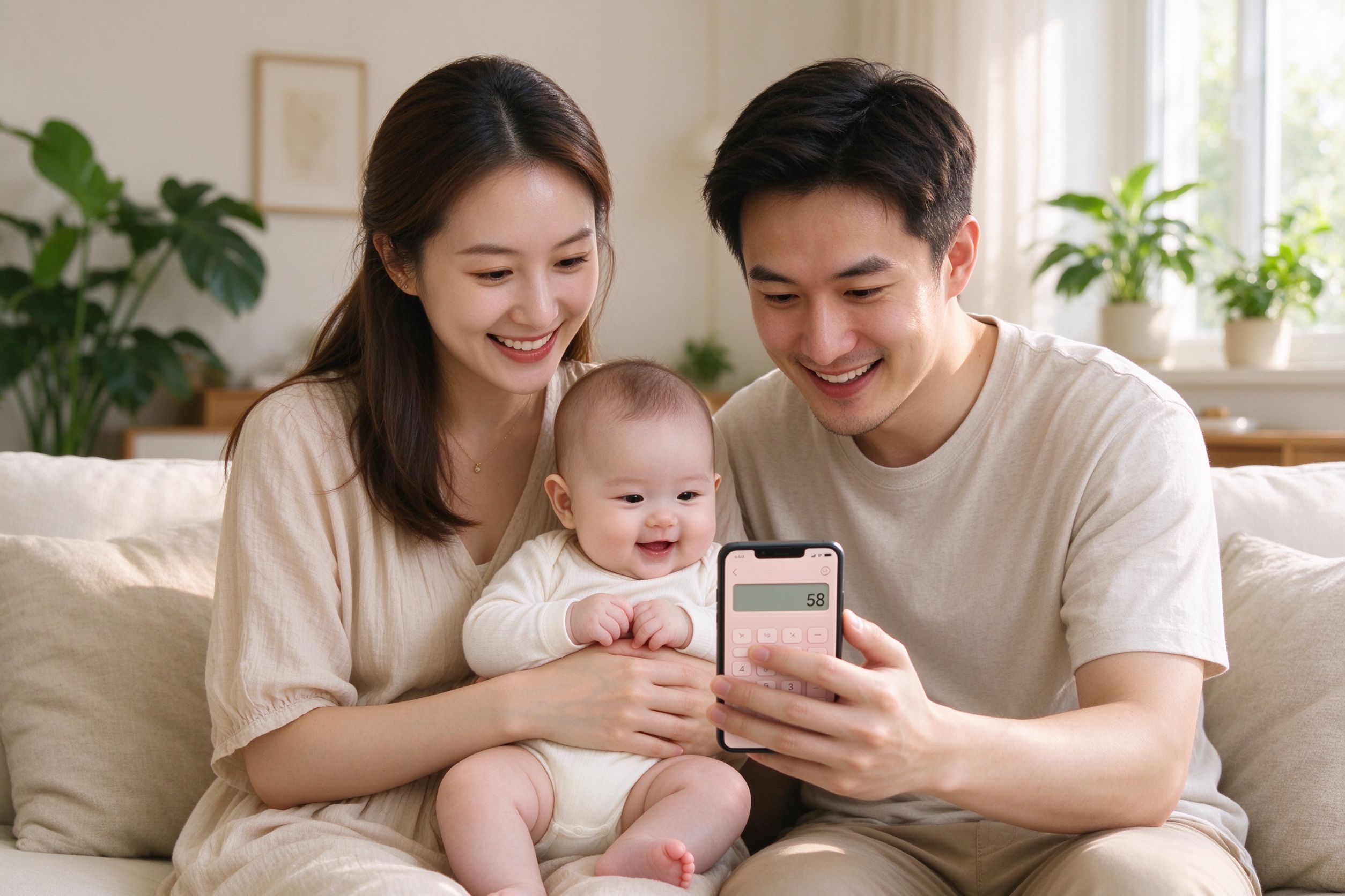 Family looking at a phone together