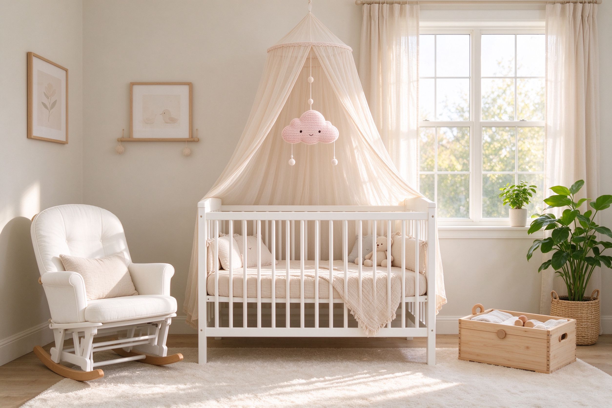 Cozy nursery room with crib, soft toys and warm light