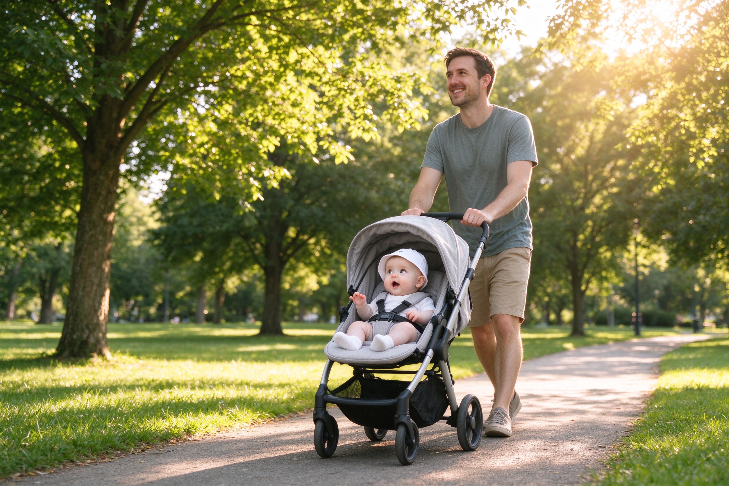 Parent pushing a stroller along a sunlit path with the baby